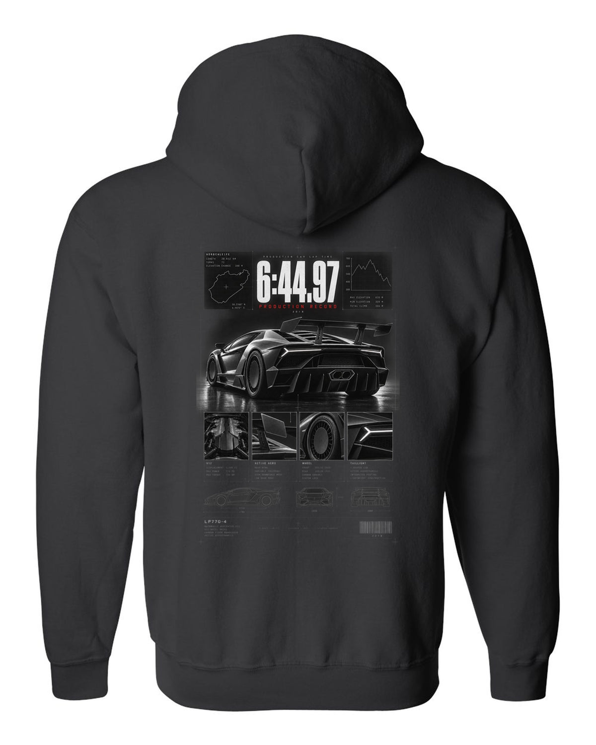 Dossier panel print of a Lamborghini Aventador SVJ LP770-4 with 6:44.97 production record text black zip hoodie back view with the design