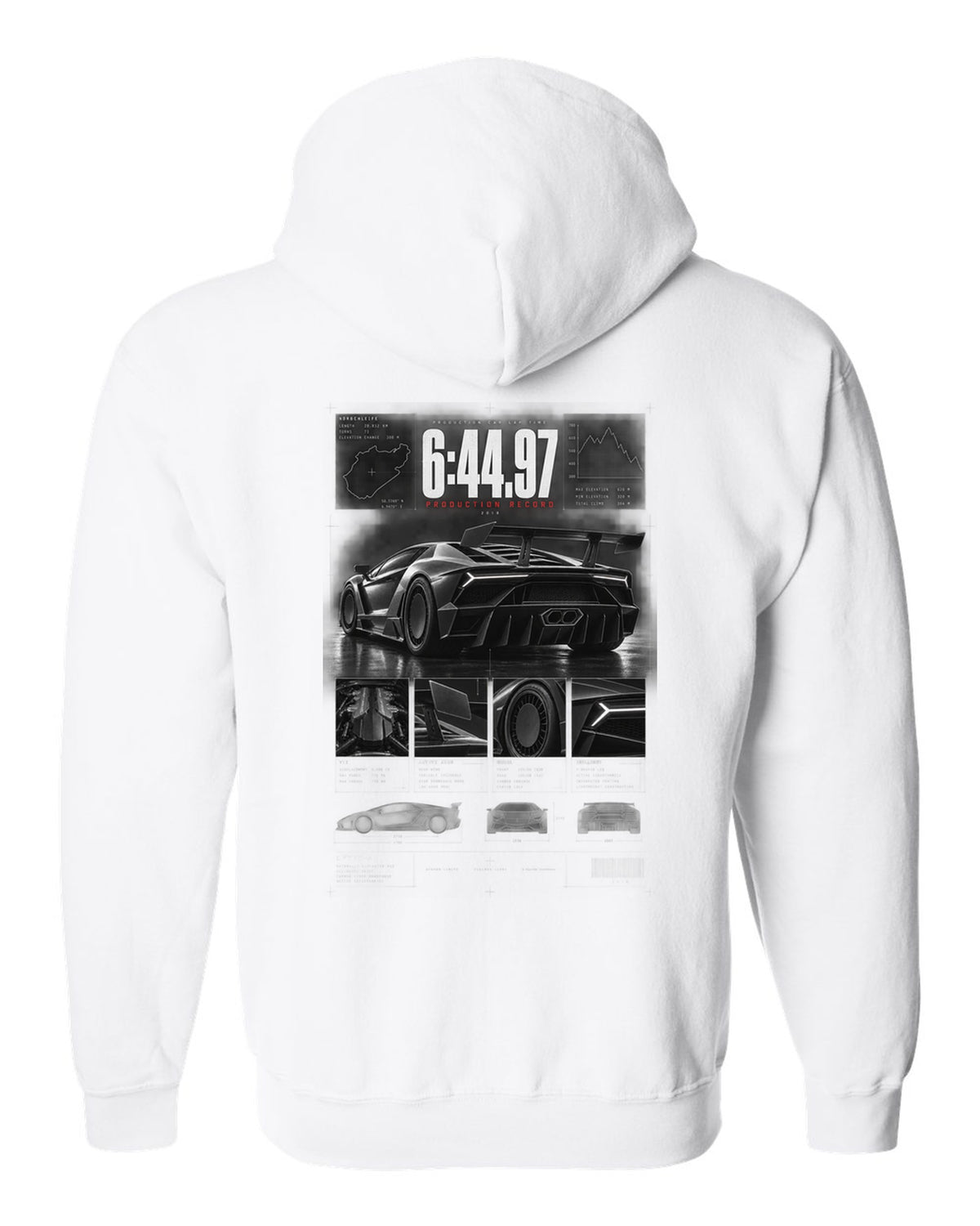 Dossier panel print of a Lamborghini Aventador SVJ LP770-4 with 6:44.97 production record text white zip hoodie back view with the design