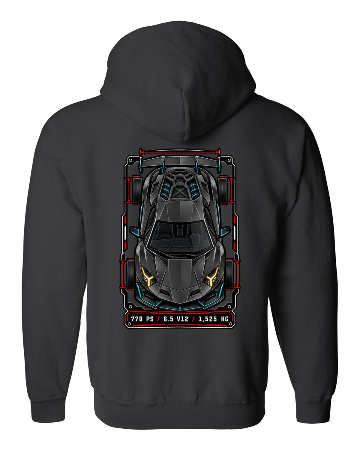 Spec-sheet data plate with a top-down Lamborghini Aventador SVJ LP770-4 and the text 770 PS / 6.5 V12 / 1,525 KG black zip hoodie back view with the design