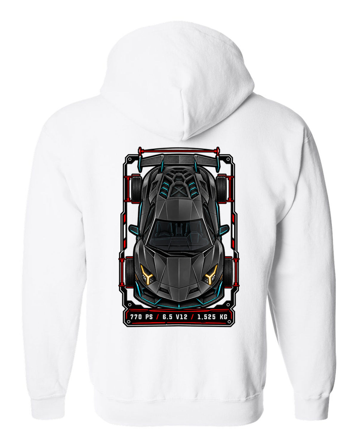 Spec-sheet data plate with a top-down Lamborghini Aventador SVJ LP770-4 and the text 770 PS / 6.5 V12 / 1,525 KG white zip hoodie back view with the design