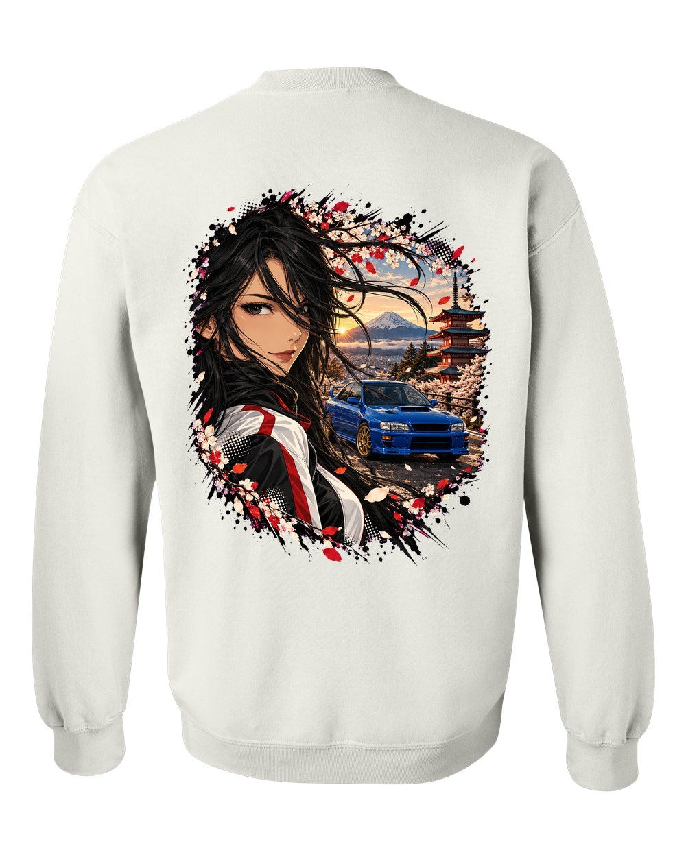 Subaru WRX STI GC8 Anime Girl Crewneck White back