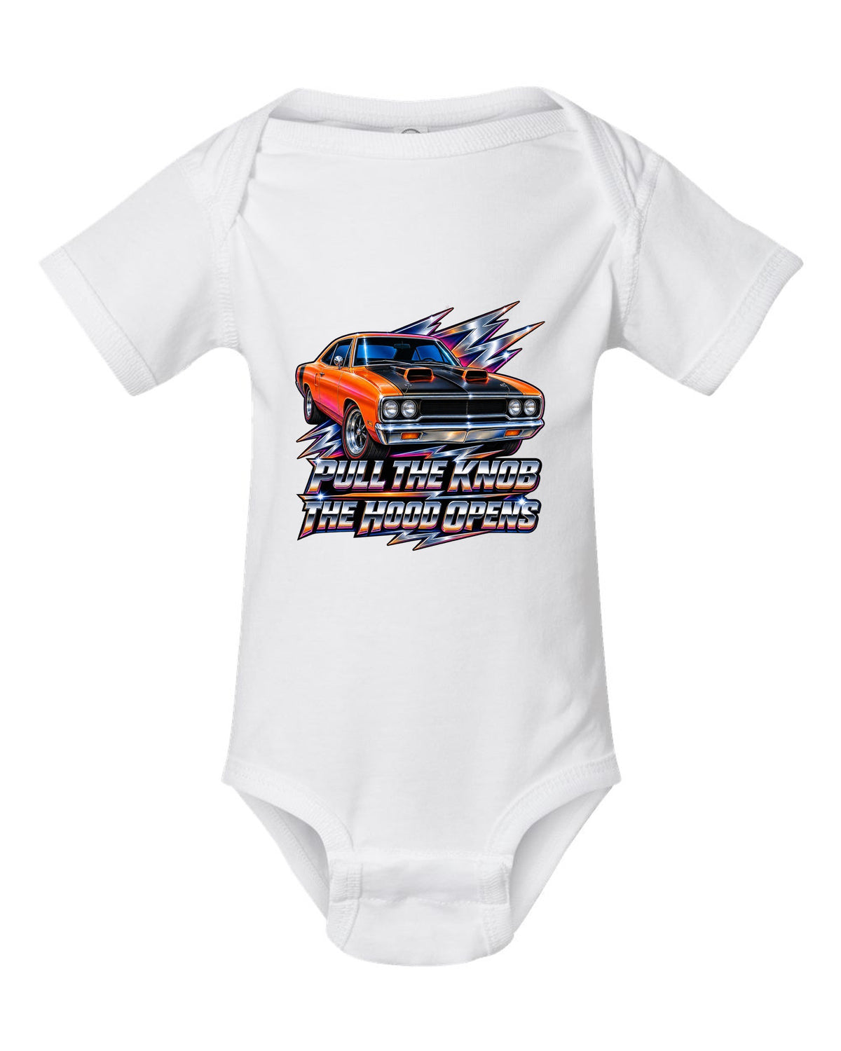 80s airbrush chrome design of a 1970 Plymouth Road Runner with pull the knob hood text white baby onesie front view with the design