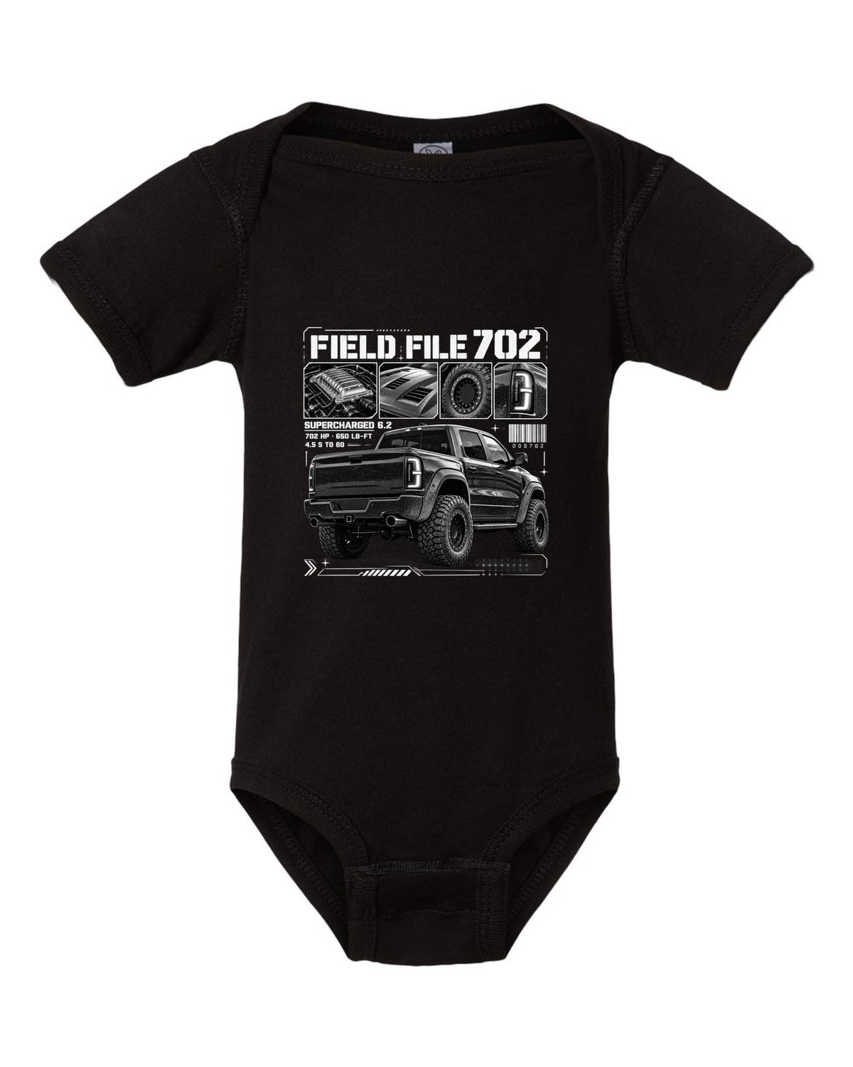 Dossier panels of a 2021-2024 Ram 1500 TRX with Field File 702, supercharged 6.2, 4.5 s to 60 black baby onesie front view with the design