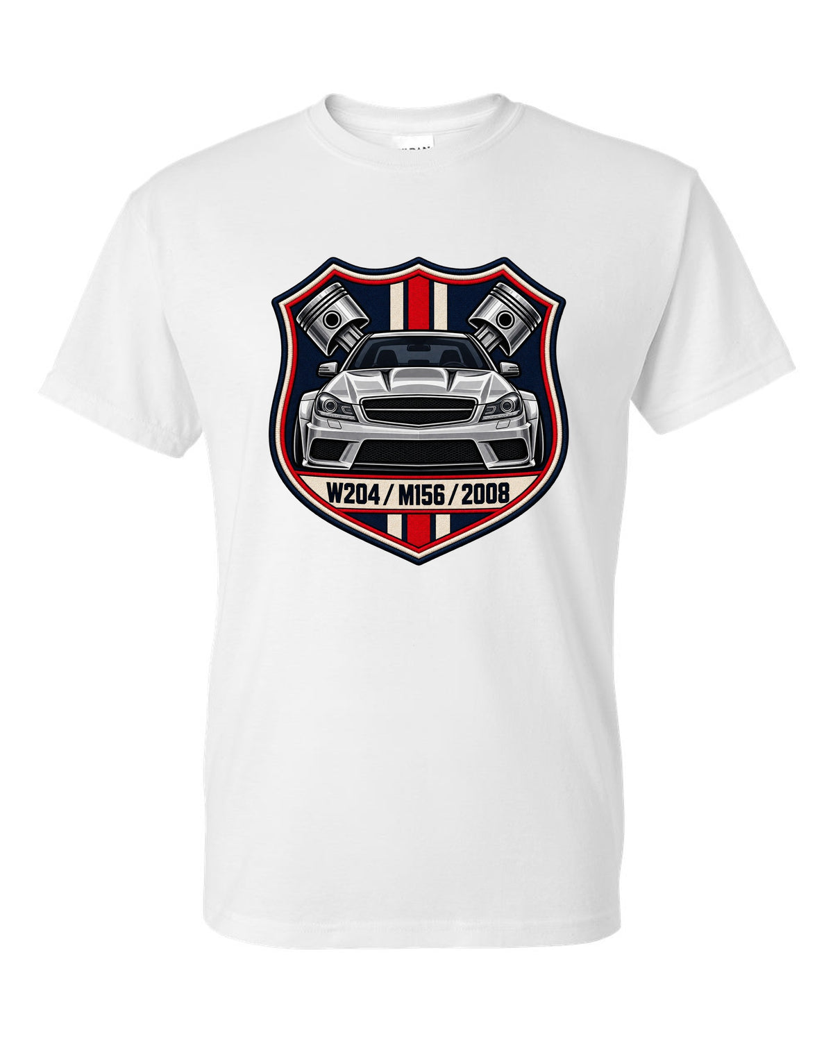 Embroidery-style varsity crest for Mercedes C63 AMG W204 with M156 and 2008 white t-shirt front view with the design