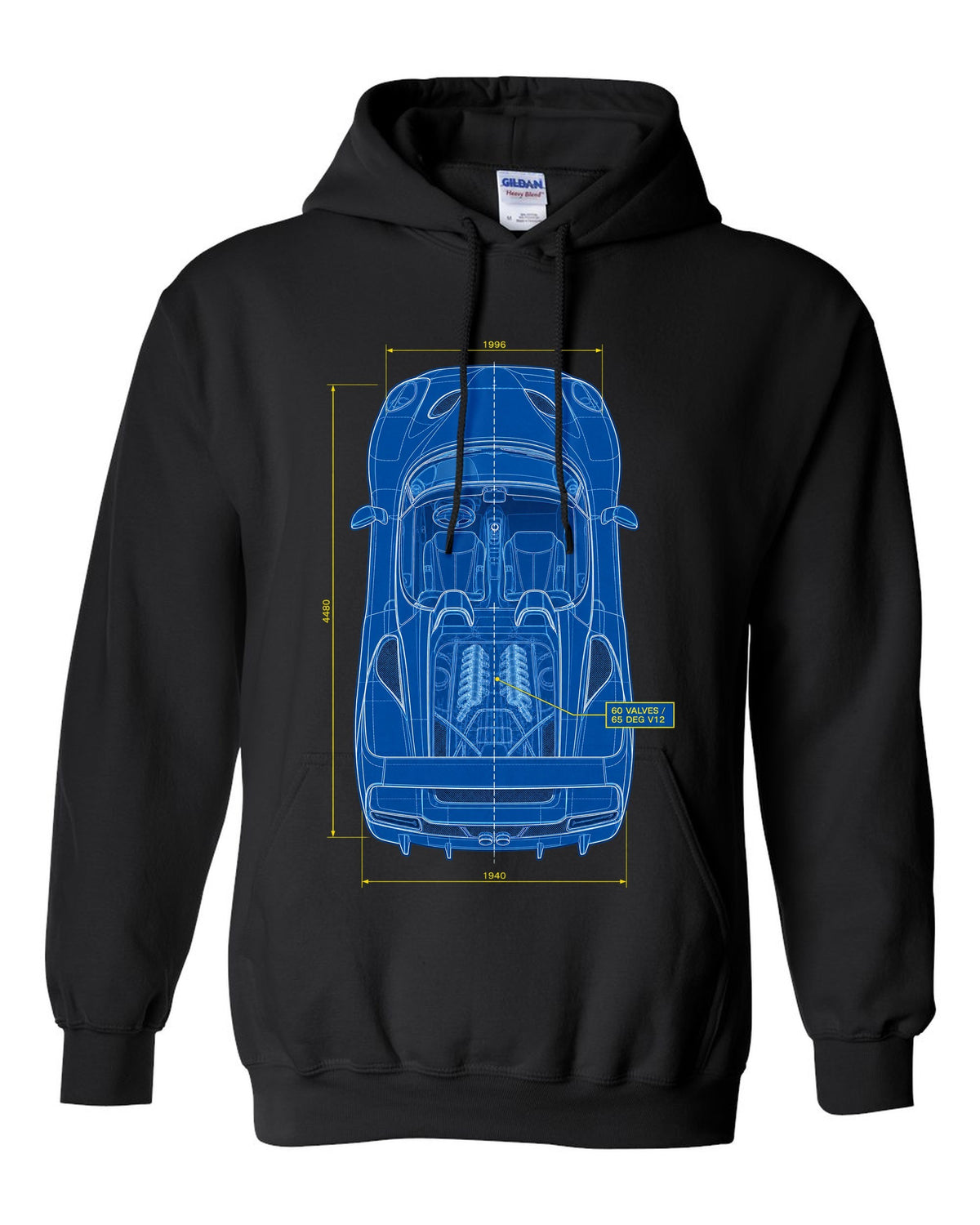 Top-down plan blueprint print of a 1995 Ferrari F50 F130 with 60 valves and 65 degree V12 text black pull over hoodie front view with the design