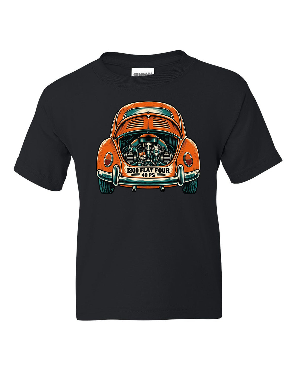 Linocut woodcut style VW Beetle Type 1 with 1200 flat four and 40 PS lettering black kids tee front view with the design