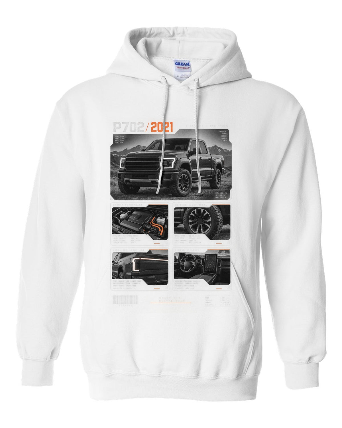 Dossier panel print of a 2021 Ford F-150 P702 light bar with five engines text white pull over hoodie front view with the design
