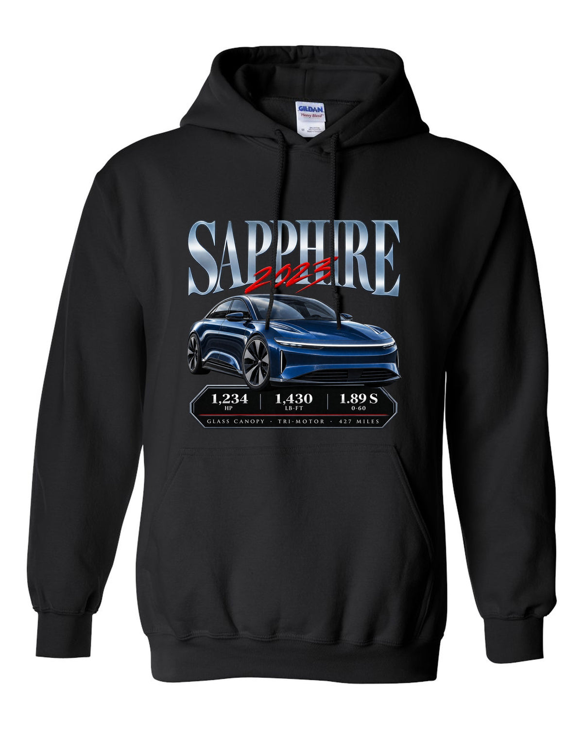 Archive panel print of a 2023 Lucid Air Sapphire with horsepower and range figures black pull over hoodie front view with the design