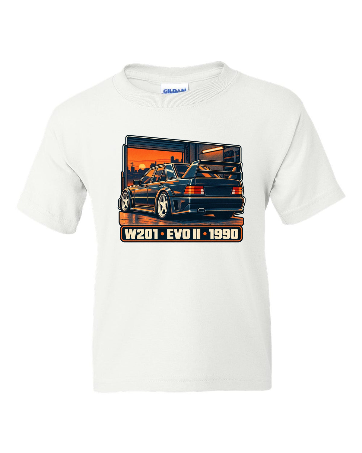 Risograph two-colour halftone print of a Mercedes-Benz 190E Evo II W201 in a garage at dusk white kids tee front view with the design