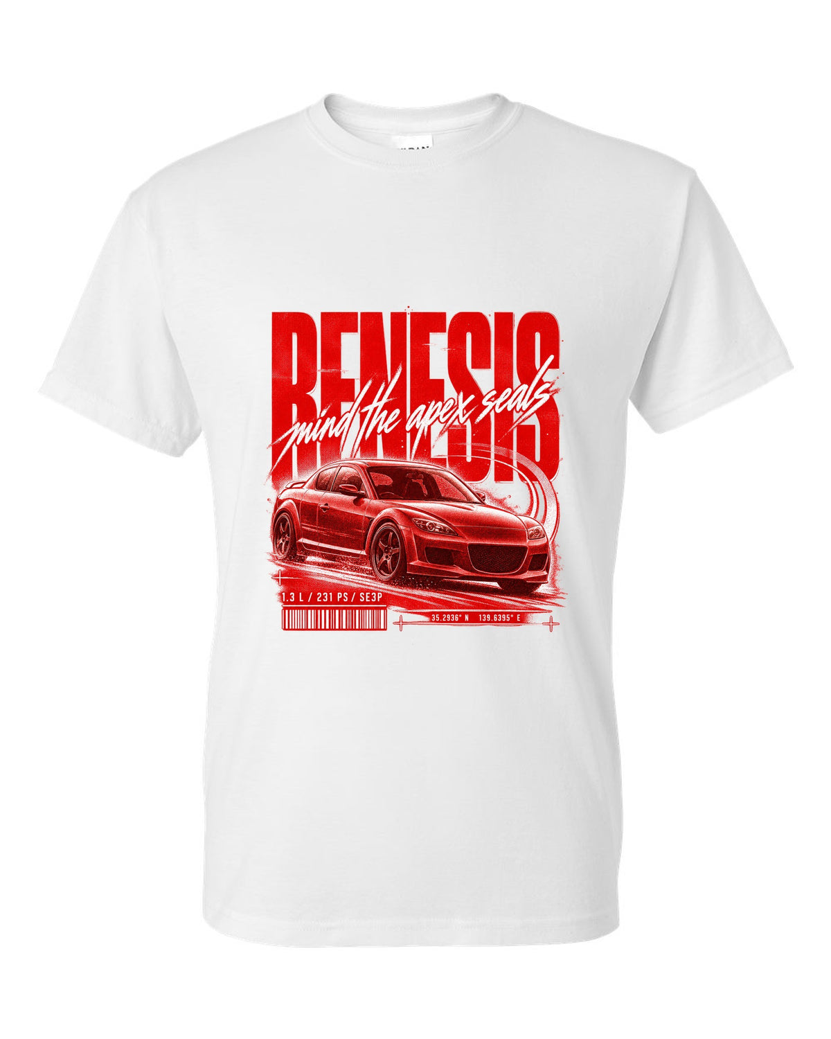 Street poster print of a Mazda RX-8 SE3P Series 1 with Renesis lettering white t-shirt front view with the design