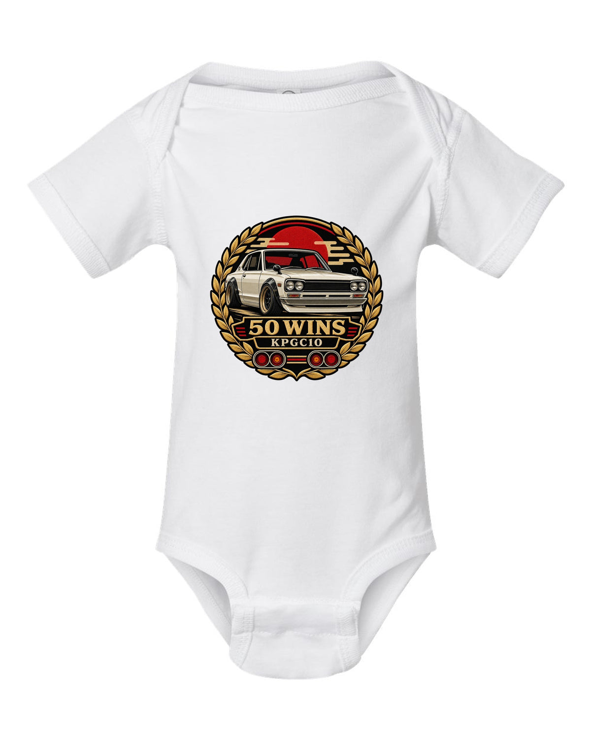 Round crest print for the Skyline Hakosuka KPGC10 with 50 Wins lettering white baby onesie front view with the design