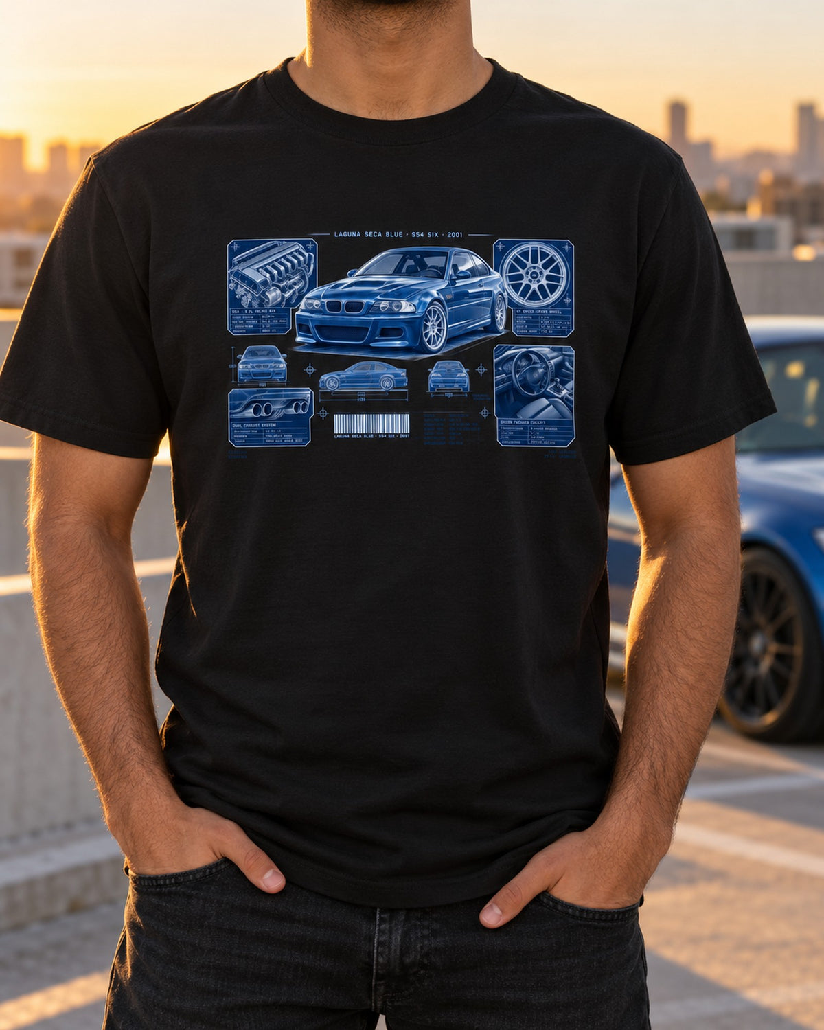 BMW E46 M3 Coupe Laguna Seca Blue Dossier Shirt, S54 Six T-Shirt Black worn hero