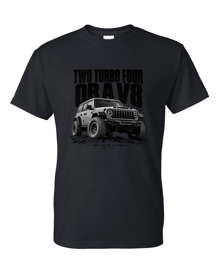 Jeep Wrangler JL Unlimited hardtop halftone print about 2.0L versus 6.4L black t-shirt front view with the design