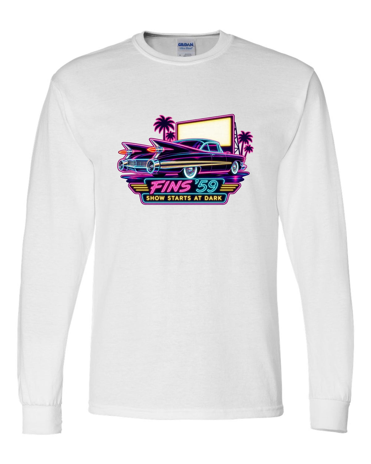 1959 Cadillac Coupe de Ville under neon sign glow at a night drive-in white long sleeve front view with the design