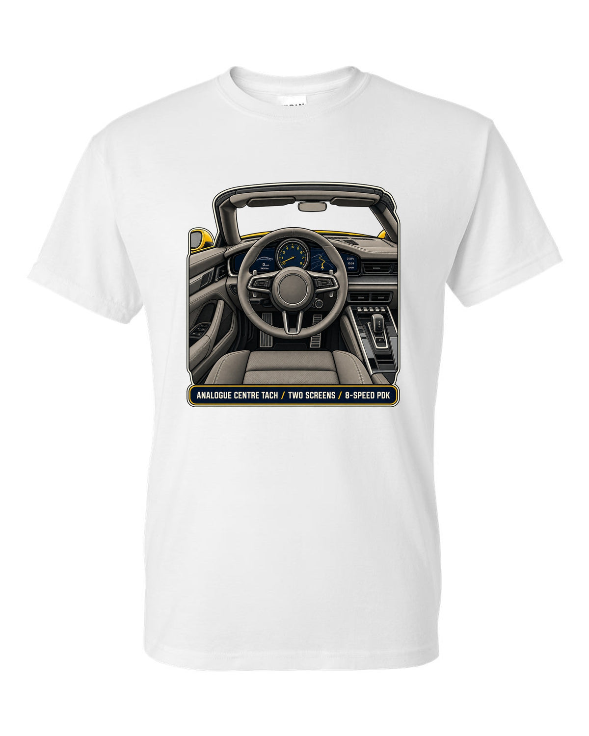 Cockpit and gauge print of a Porsche 992 Carrera S Cabriolet white t-shirt front view with the design