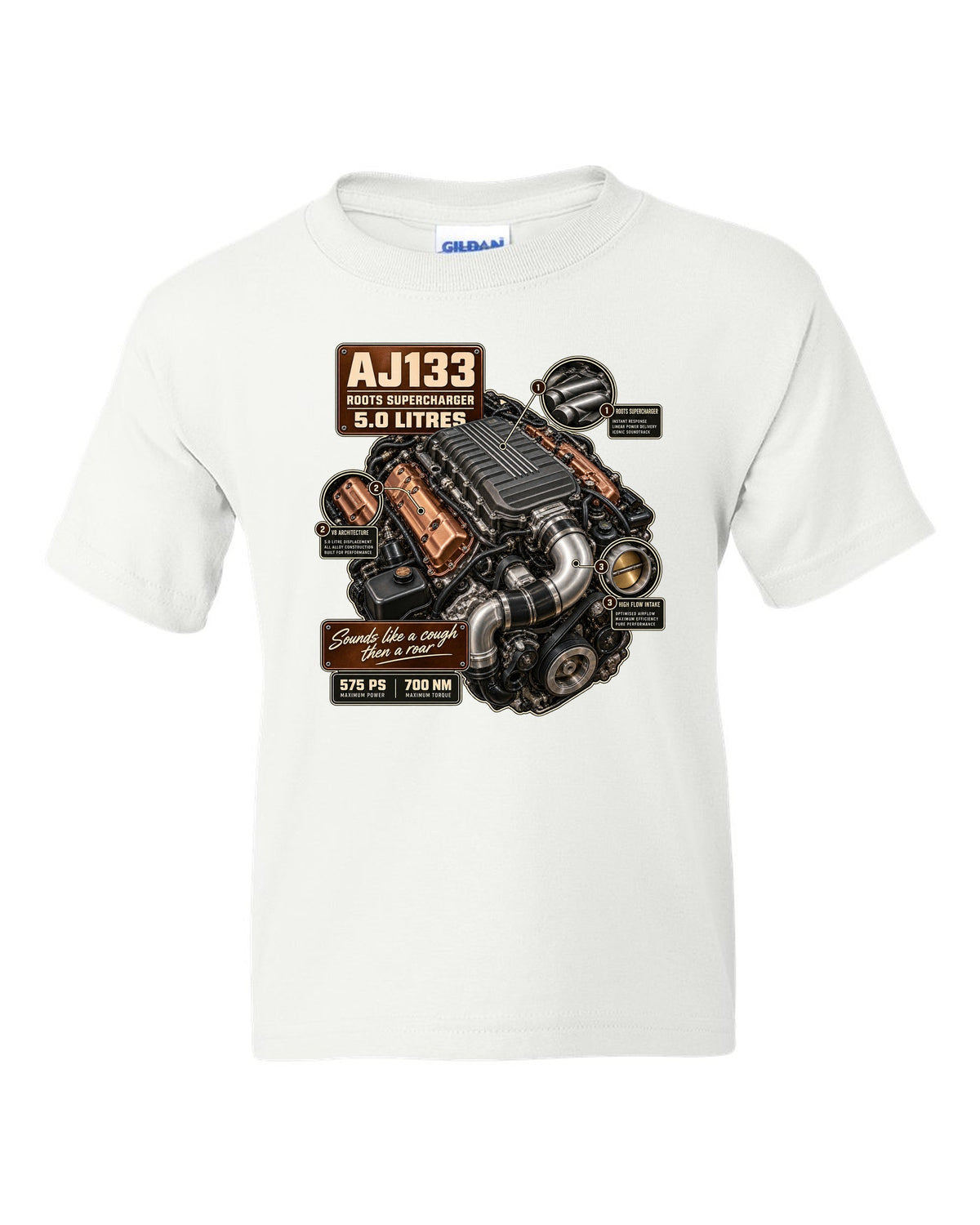 Engine hero print of the Jaguar F-Type R and SVR AJ133 supercharged 5.0 litre V8 white kids tee front view with the design
