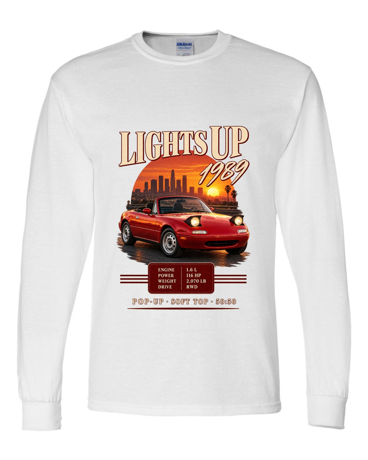 Archive panel print for the 1989 Mazda MX-5 NA with 116 HP, 2,070 lb and pop-up headlight specs white long sleeve front view with the design