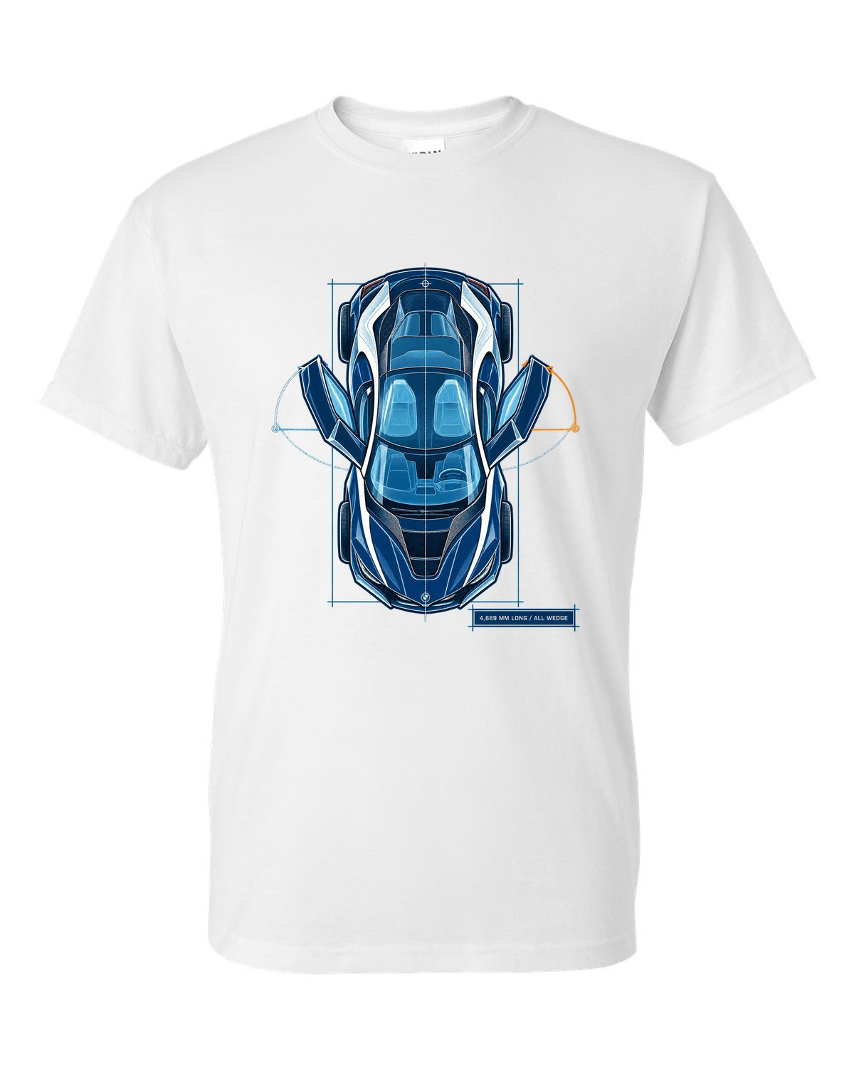 BMW i8 I12 cyanotype blueprint plan view print with 4,689 mm long text white t-shirt front view with the design