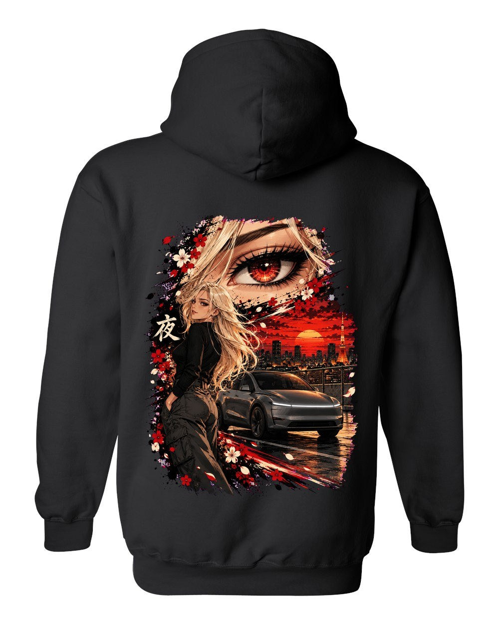 Tesla Model Y Juniper Anime Girl Pull Over Hoodie Black back
