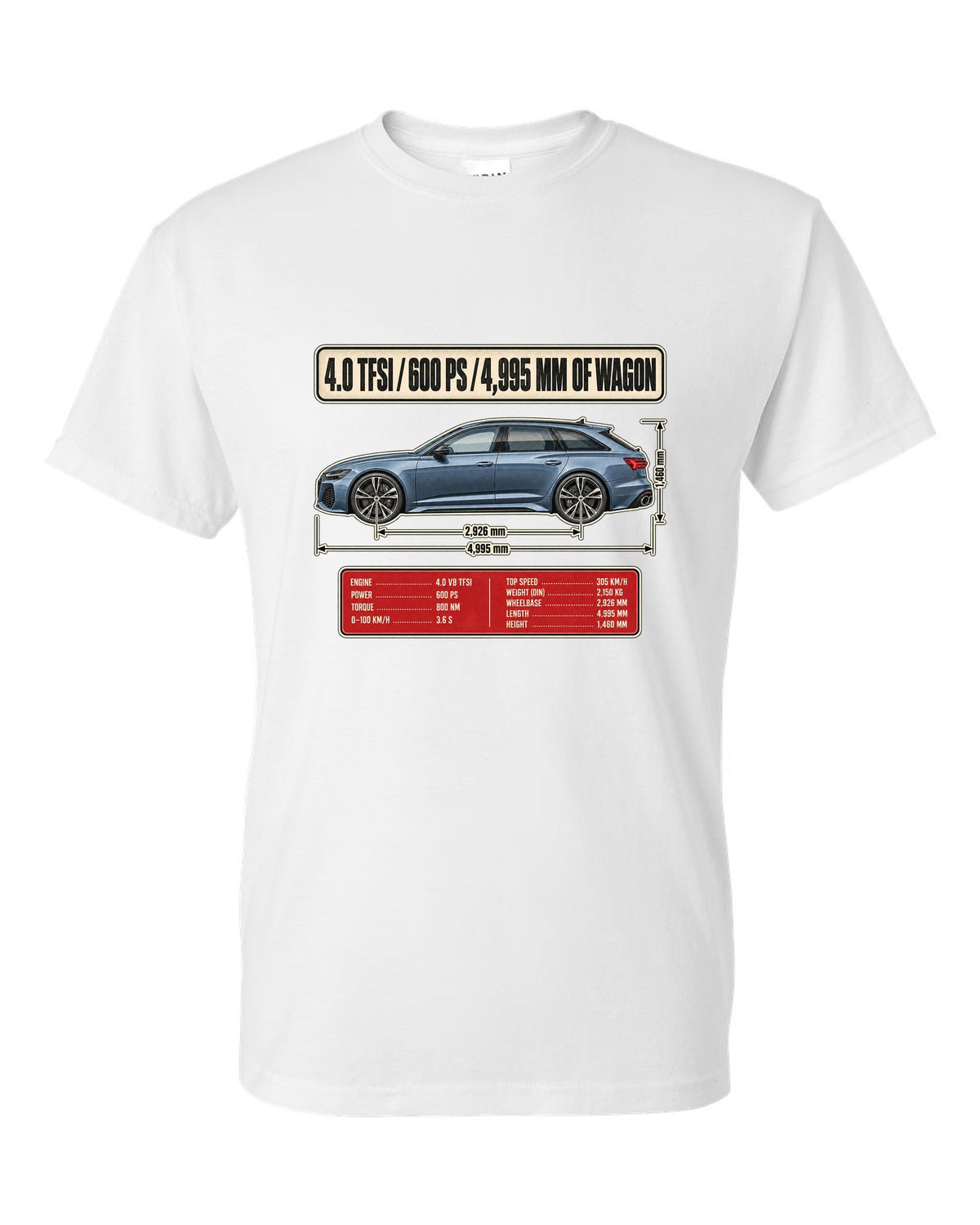 Audi RS6 Avant C8 wagon dimension blueprint print white t-shirt front view with the design