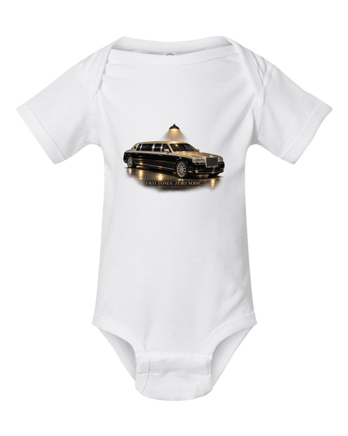 Garage night print of a Maybach 57 S W240 with Two Tones Zero Noise lettering white baby onesie front view with the design