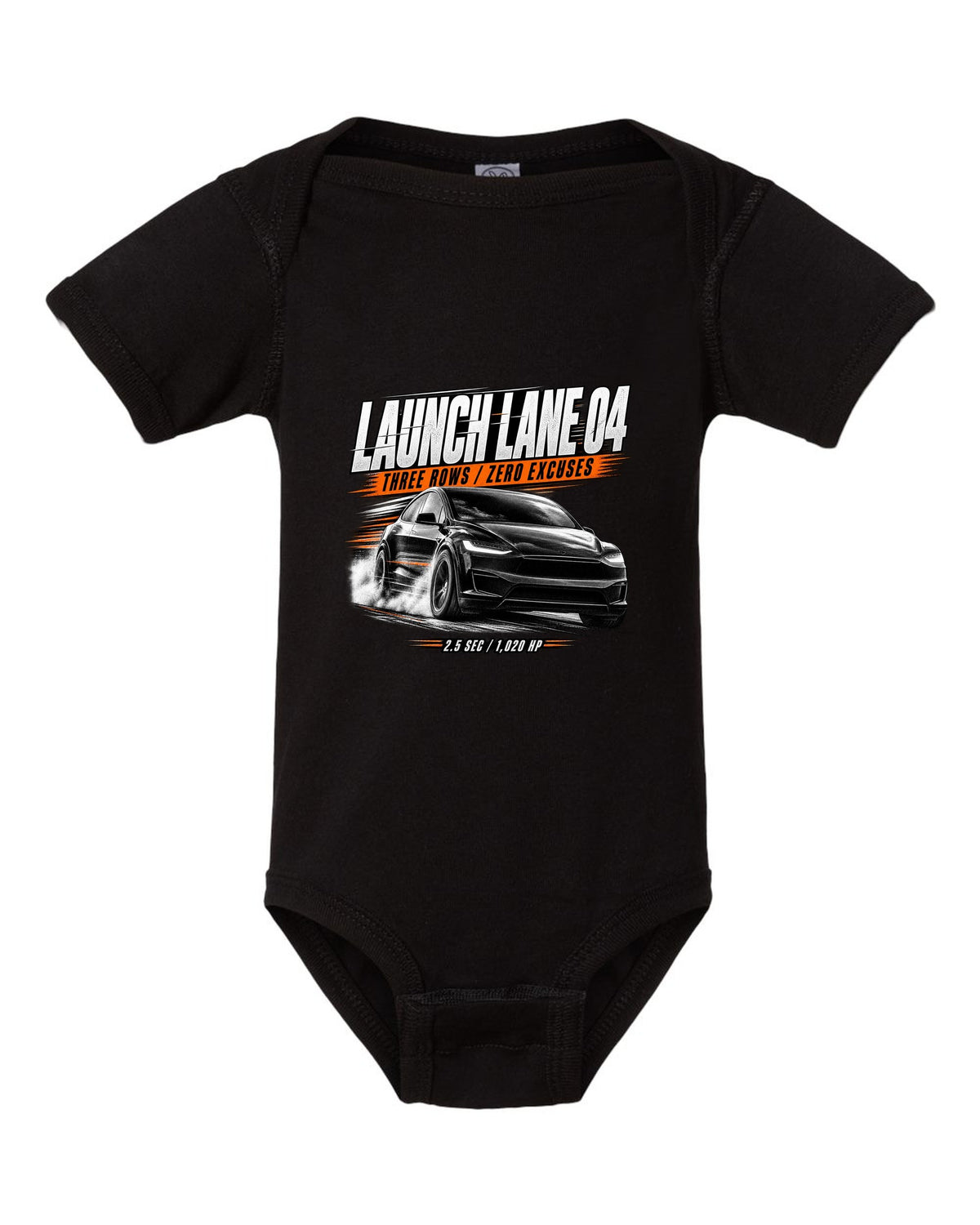 Tesla Model X Plaid front three-quarter launching in a race poster reading Launch Lane 04 black baby onesie front view with the design