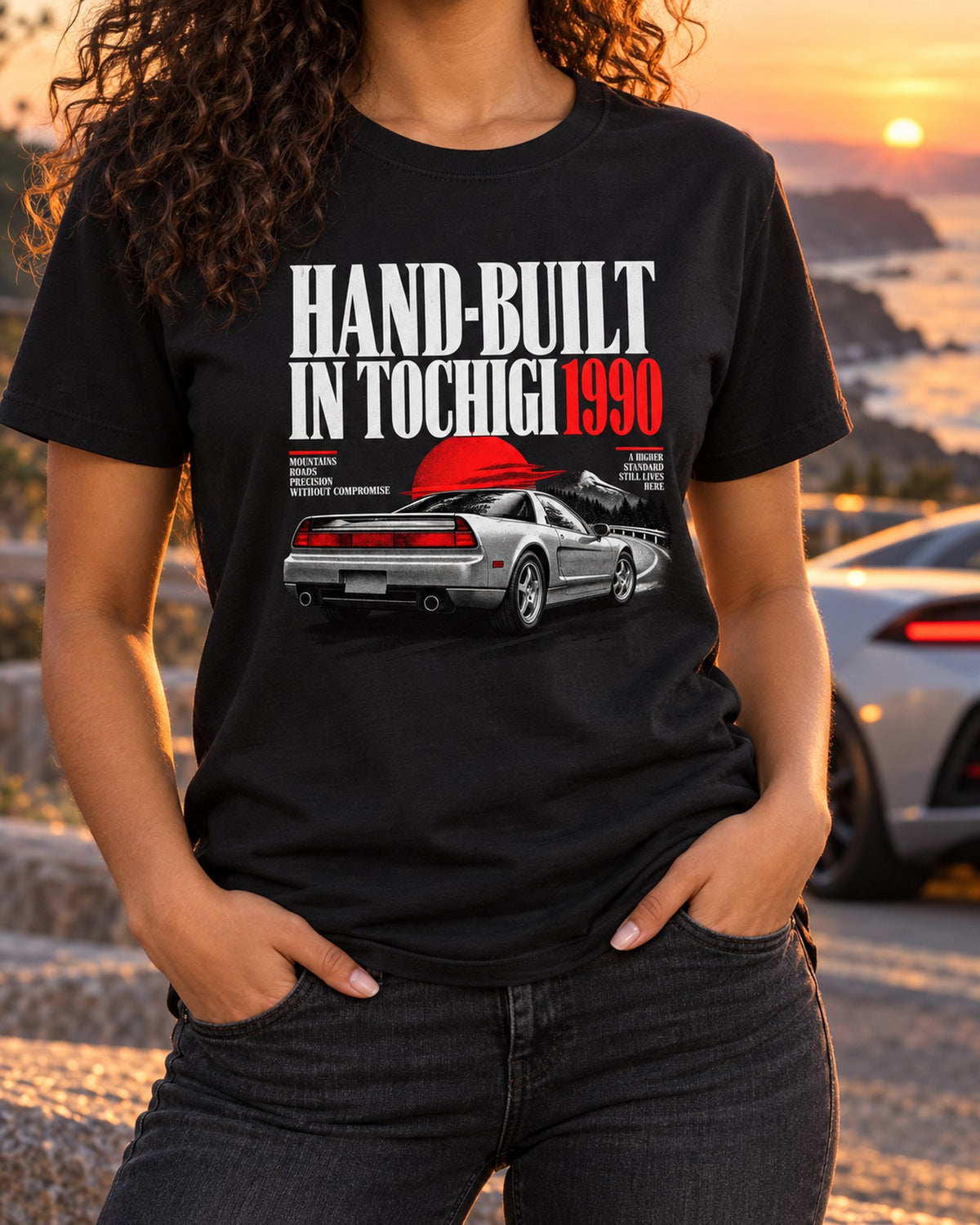 Honda NSX NA1 Hand-Built In Tochigi Editorial Headline Tee T-Shirt Black worn hero