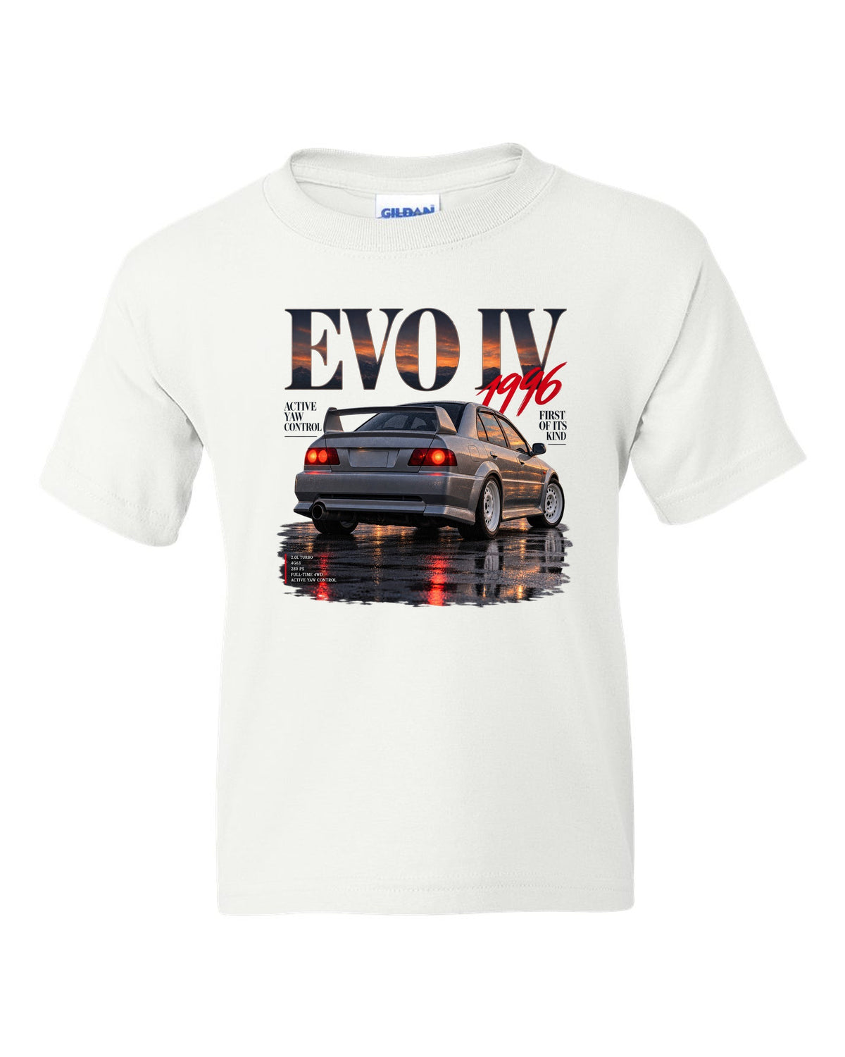 Editorial headline print for the Mitsubishi Lancer Evolution IV CN9A reading Active Yaw Control, first of its kind, 1996 white kids tee front view with the design
