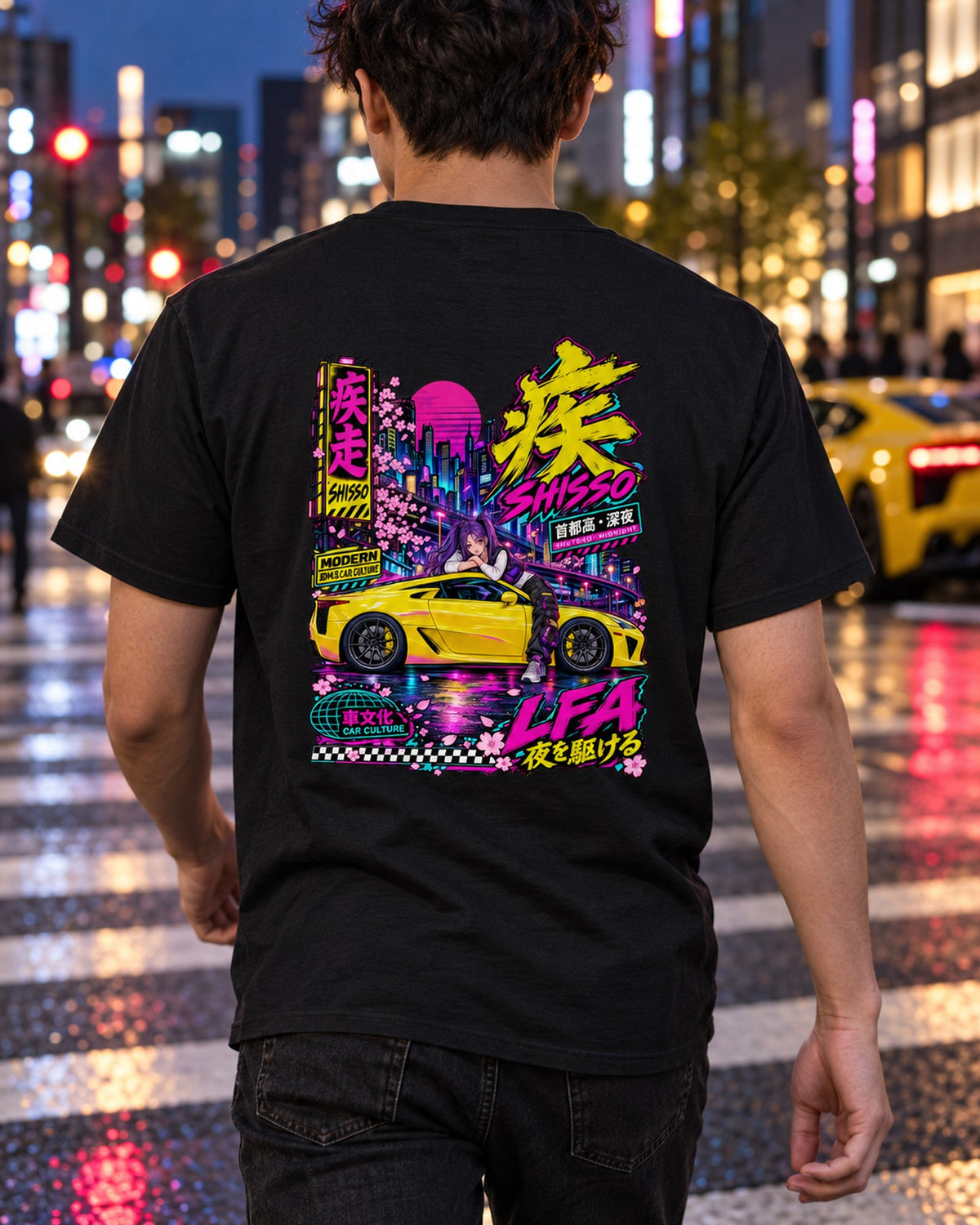 SHISSO LFA Anime Girl Full-Back Graphic Tee T-Shirt Black worn hero