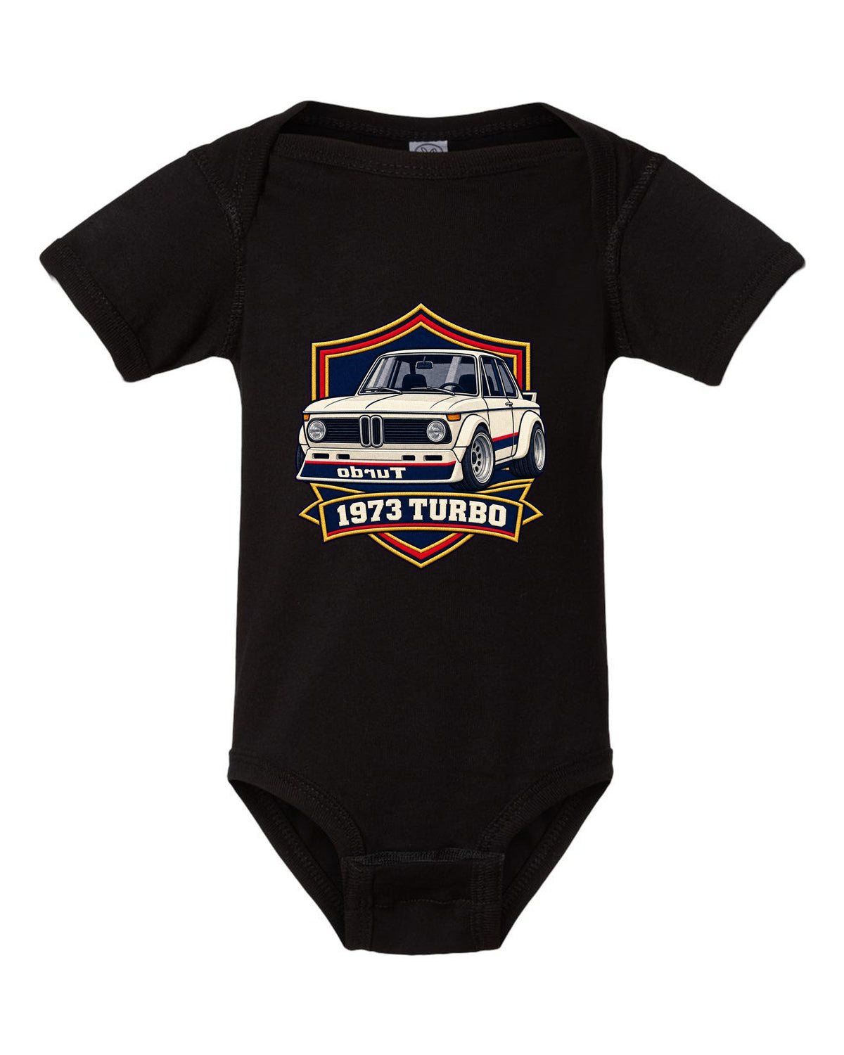 BMW 2002 turbo varsity crest print with mirrored turbo lettering and 1973 black baby onesie front view with the design