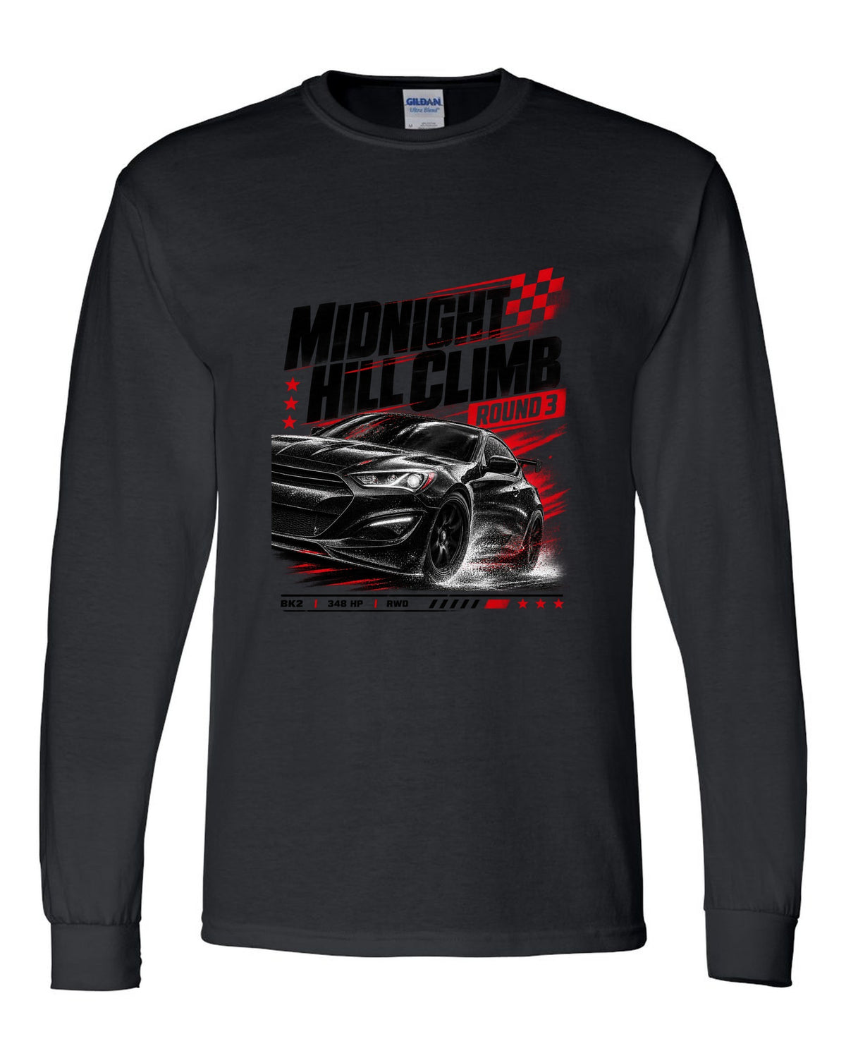 Hyundai Genesis Coupe BK2 midnight hill climb race poster black long sleeve front view with the design