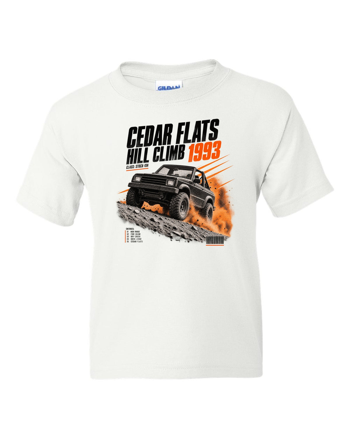 Race poster print for the Jeep Wrangler YJ, Cedar Flats Hill Climb 1993 white kids tee front view with the design