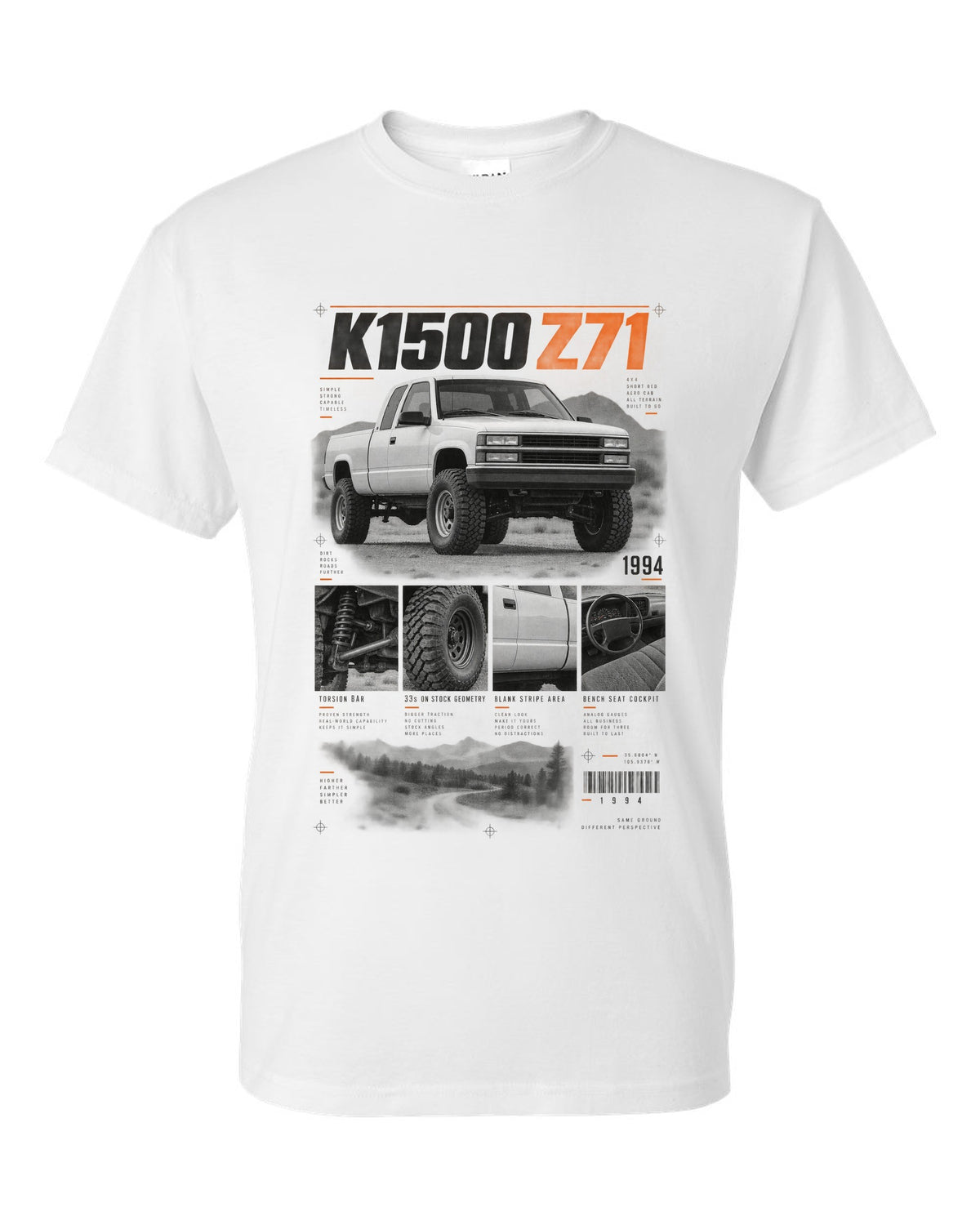 GMT400 K1500 Z71 OBS dossier panel print white t-shirt front view with the design