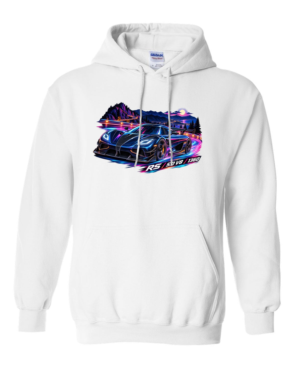Cel-shaded anime night mountain pass illustration of a Koenigsegg Agera RS with RS 5.0 V8 1360 lettering white pull over hoodie front view with the design