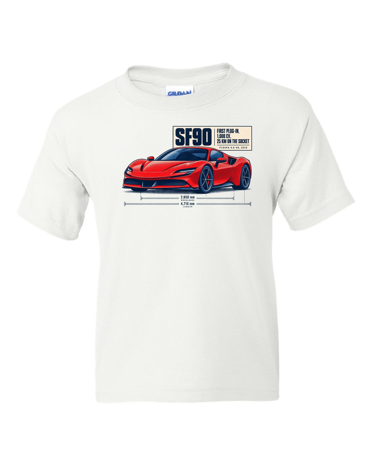 Ferrari SF90 Stradale halftone print with first plug-in, 1,000 CV text white kids tee front view with the design