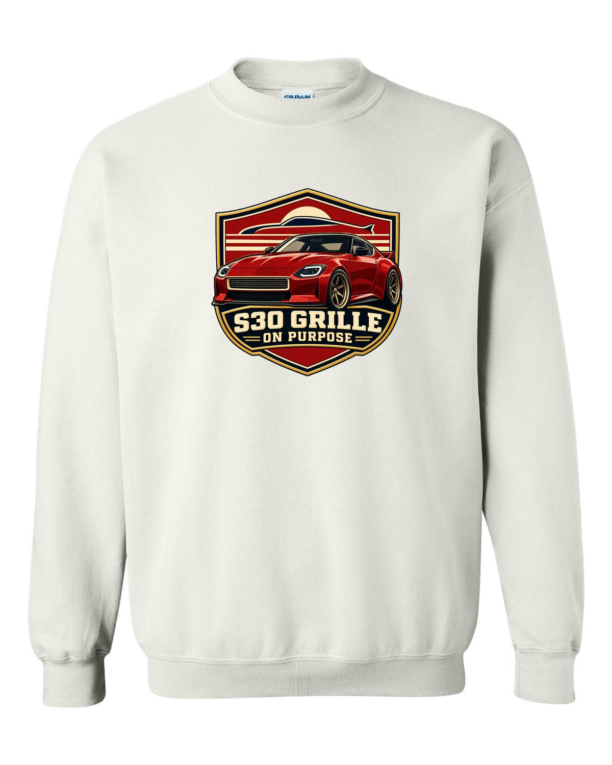 Shield crest print for the Nissan Z RZ34 referencing the S30 grille white crewneck front view with the design