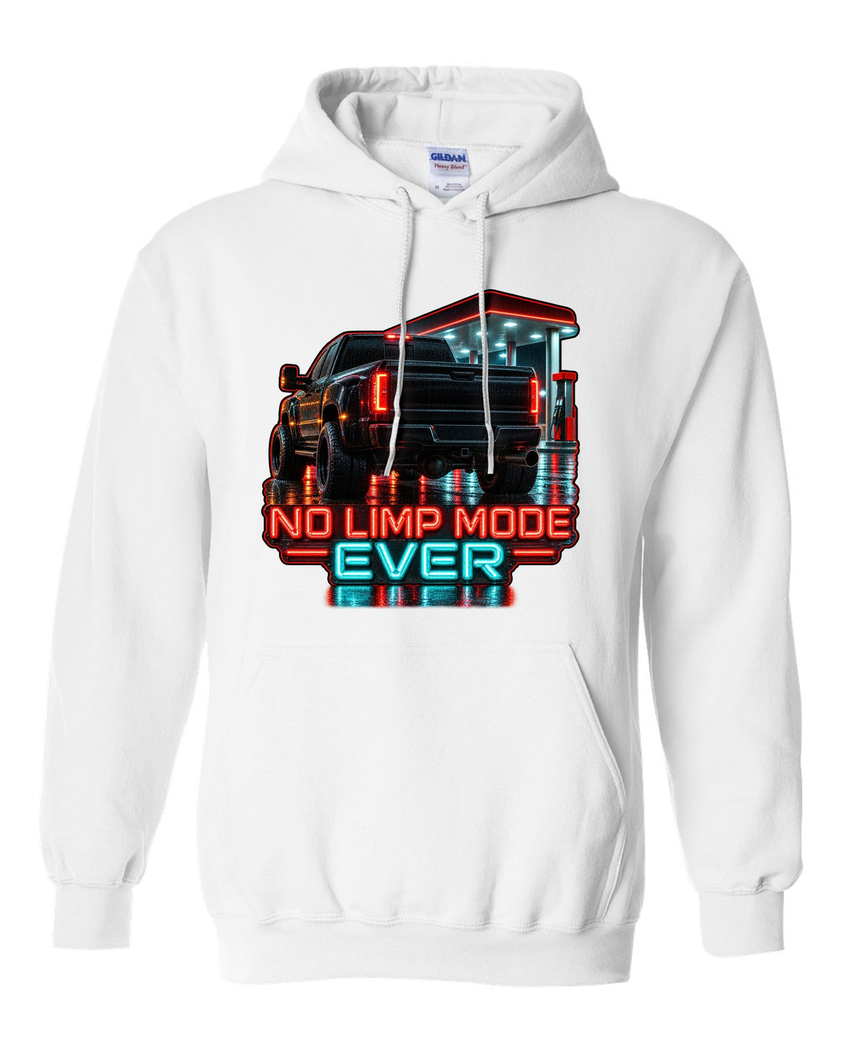 Photoreal night garage taillight print of a 1994-1998 Dodge Ram 2500 12V Cummins with No Limp Mode Ever text white pull over hoodie front view with the design