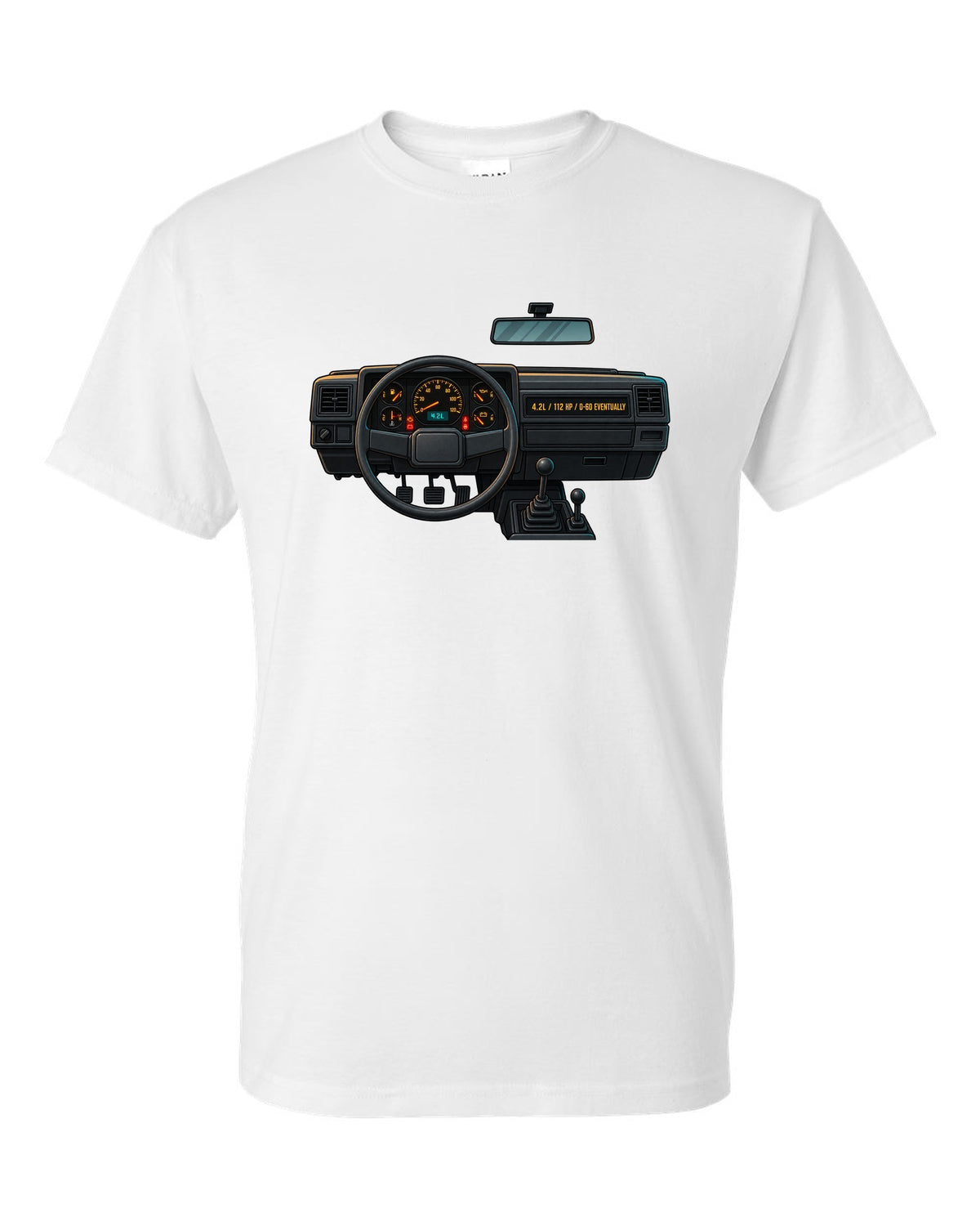 Gauge-cluster HUD print of a Jeep Wrangler YJ with 4.2L and 112 HP text white t-shirt front view with the design