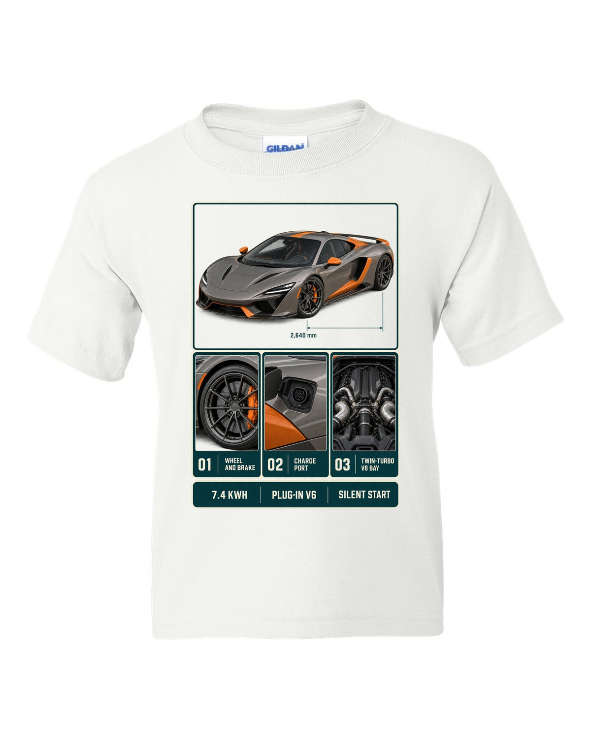 McLaren Artura dossier panel print with 7.4 kWh, plug-in V6 and silent start white kids tee front view with the design