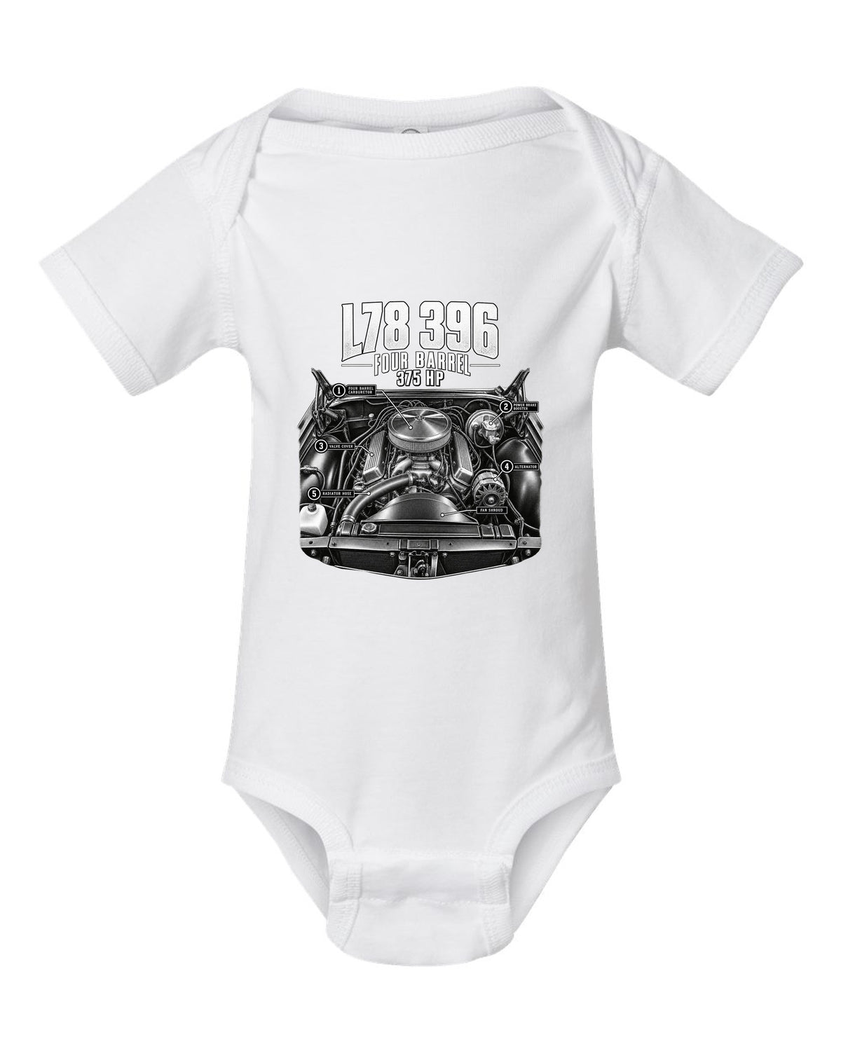 Engine hero print of an L78 396 big block in a 1969 Chevrolet Chevelle SS with 375 hp text white baby onesie front view with the design
