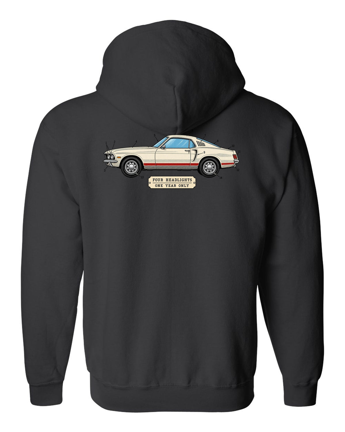 1969 Ford Mustang Fastback Patent Sheet Profile black zip hoodie back view with the design