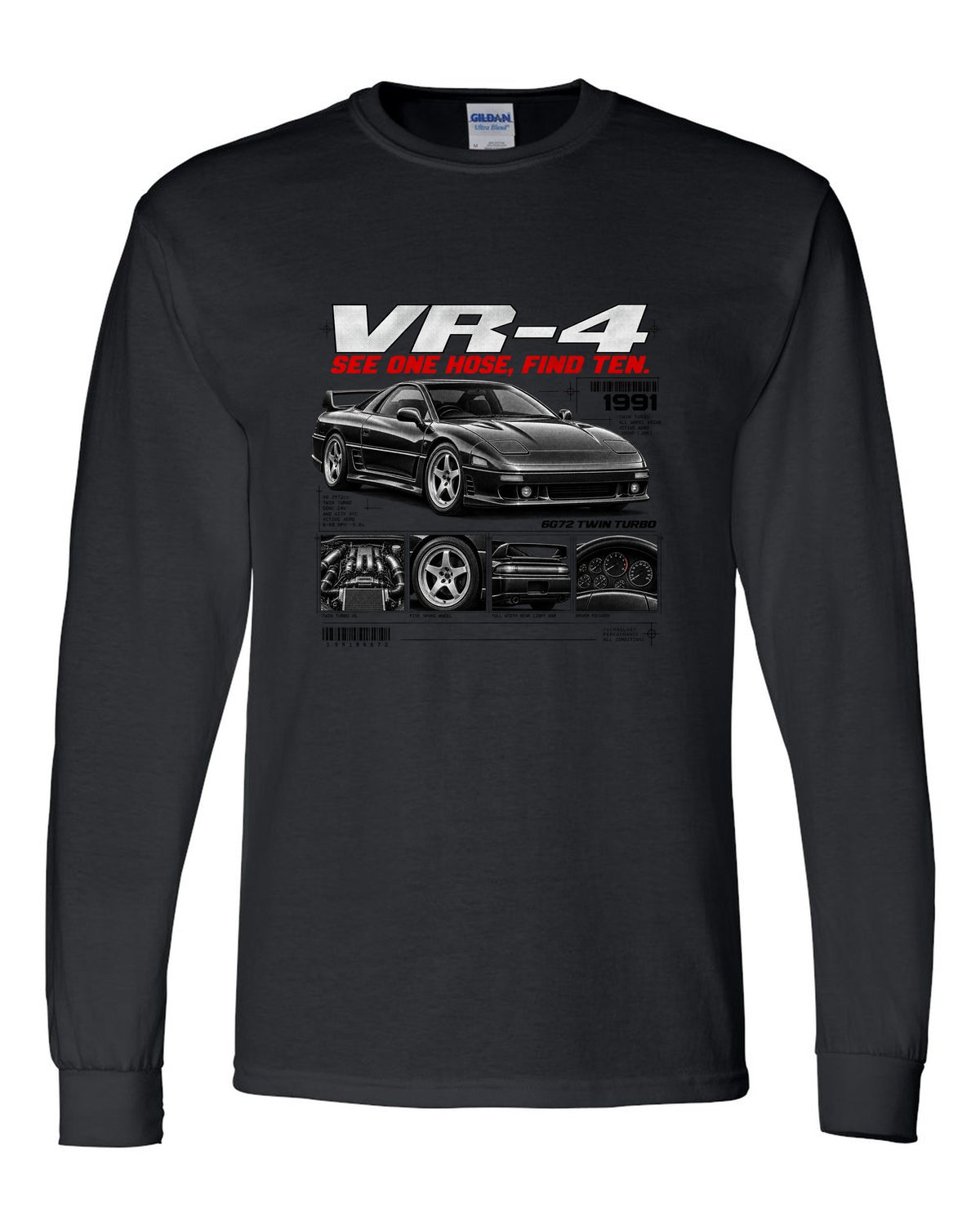 Mitsubishi 3000GT VR-4 Z16A dossier panel print with 6G72 twin turbo text black long sleeve front view with the design