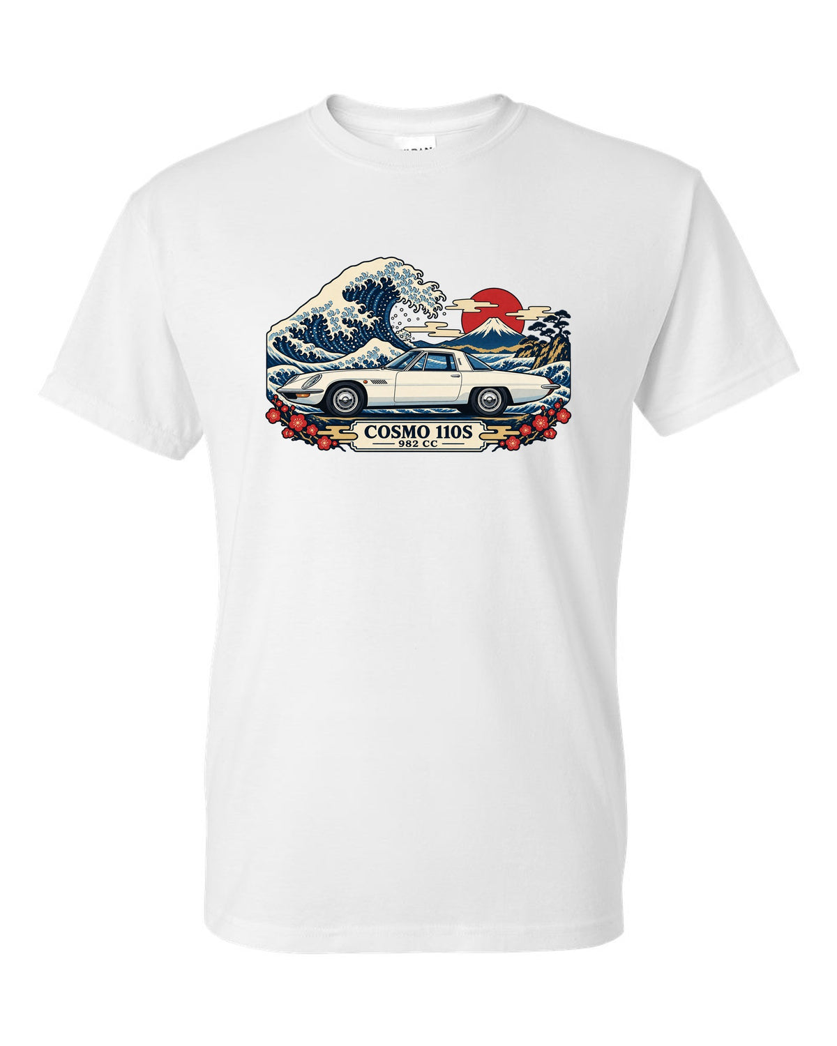 Ukiyo-e woodblock illustration of the Mazda Cosmo Sport 110S with a wave and 982 CC lettering white t-shirt front view with the design