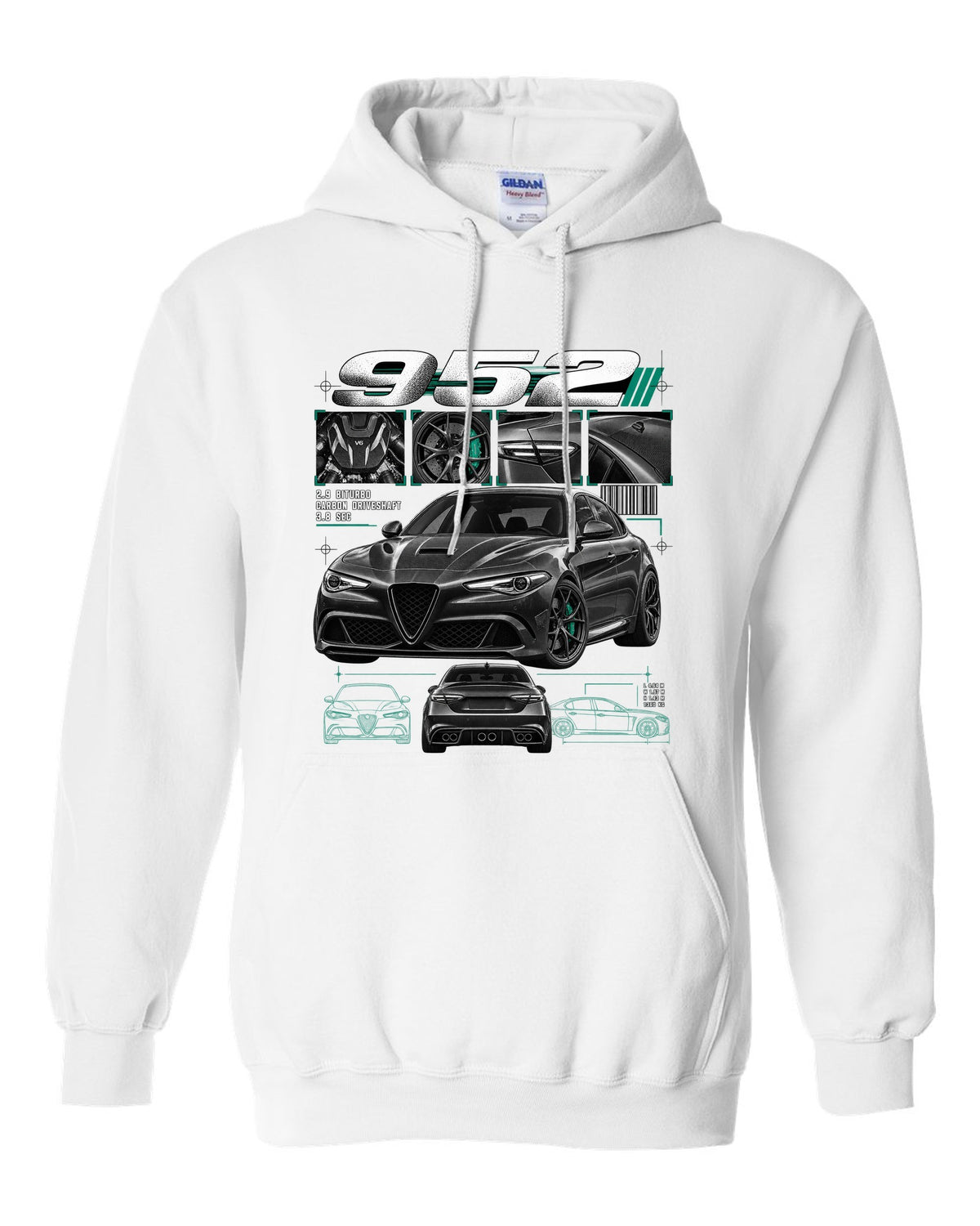 Dossier panel print of an Alfa Romeo Giulia Quadrifoglio 952 with 2.9 biturbo and carbon driveshaft text white pull over hoodie front view with the design
