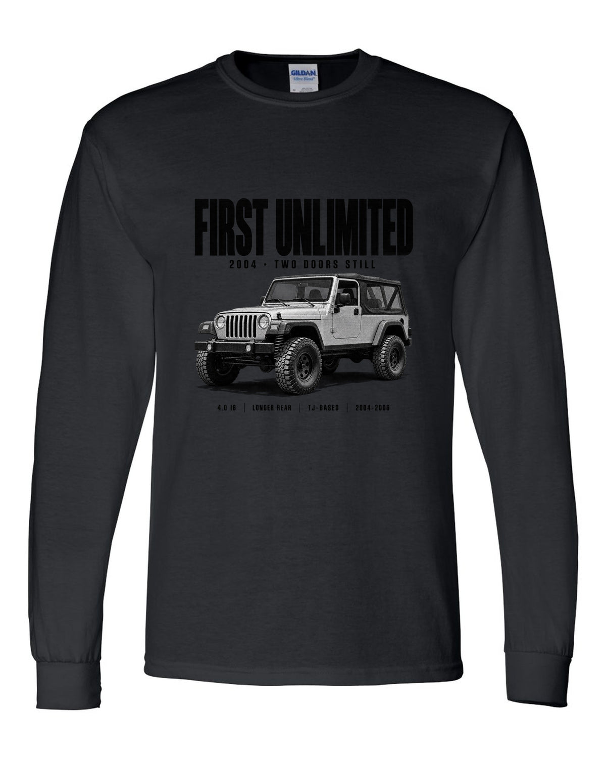 Halftone print for the Jeep Wrangler LJ Unlimited, First Unlimited 2004 black long sleeve front view with the design