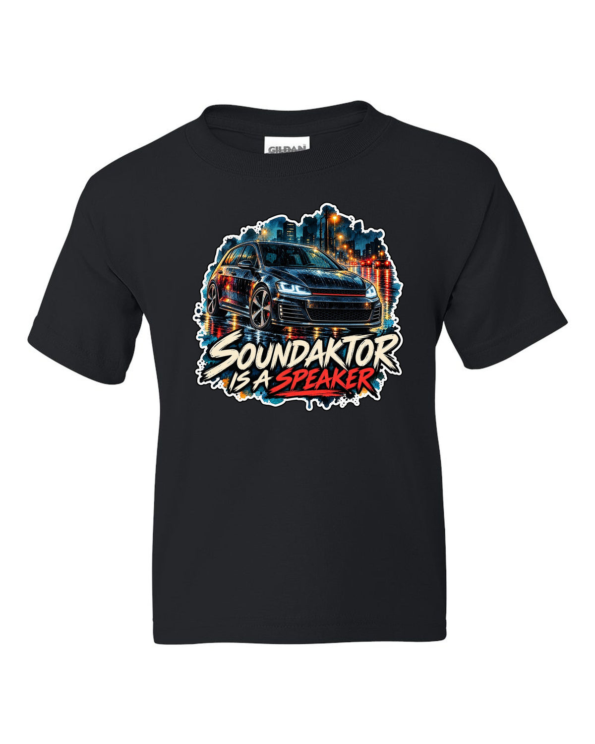 Watercolour wet-road night scene of a VW Golf Mk7 GTI with Soundaktor is a speaker text black kids tee front view with the design