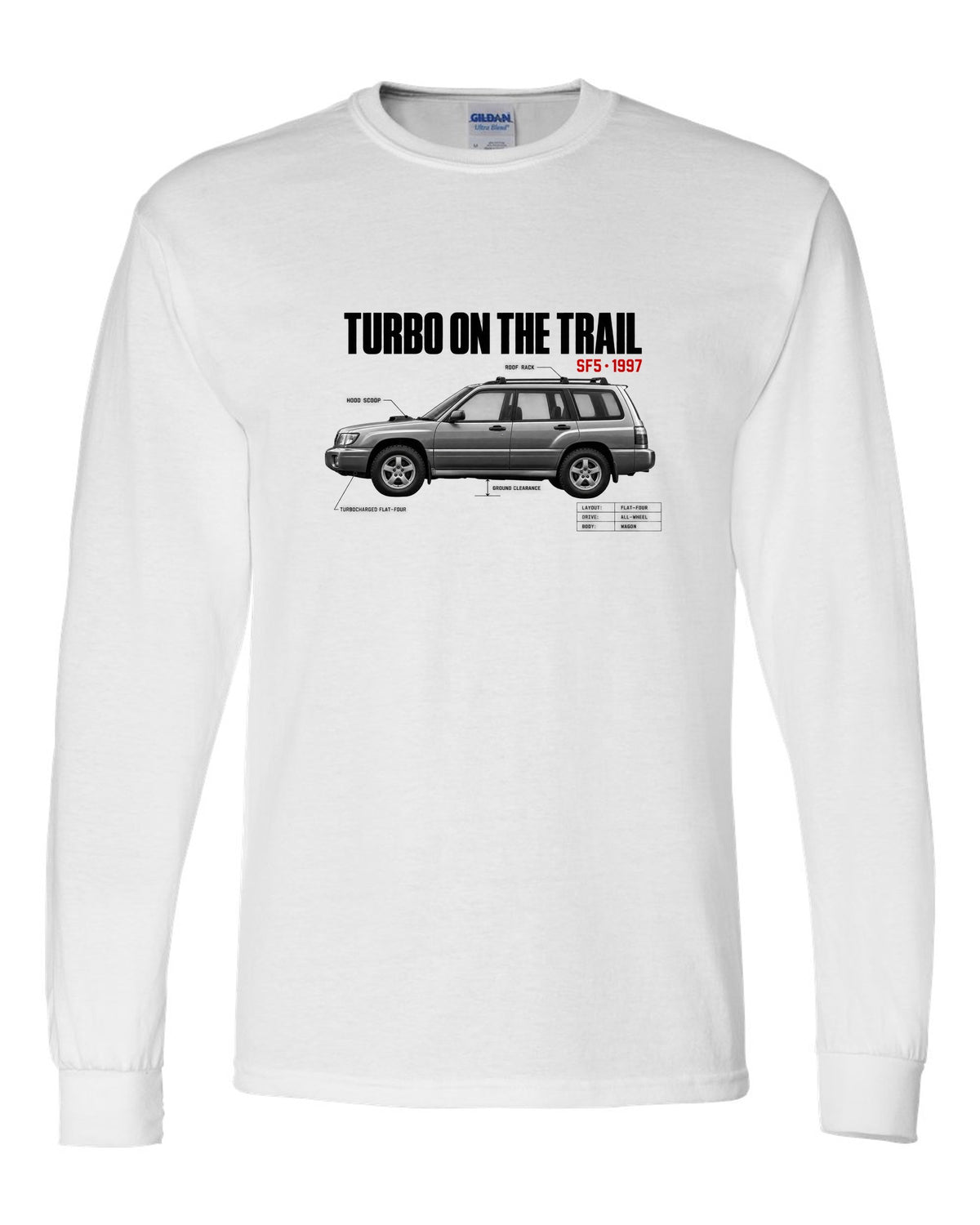 Spec poster print for the Subaru Forester SF5 reading Turbo on the Trail with hood scoop and roof rack details white long sleeve front view with the design