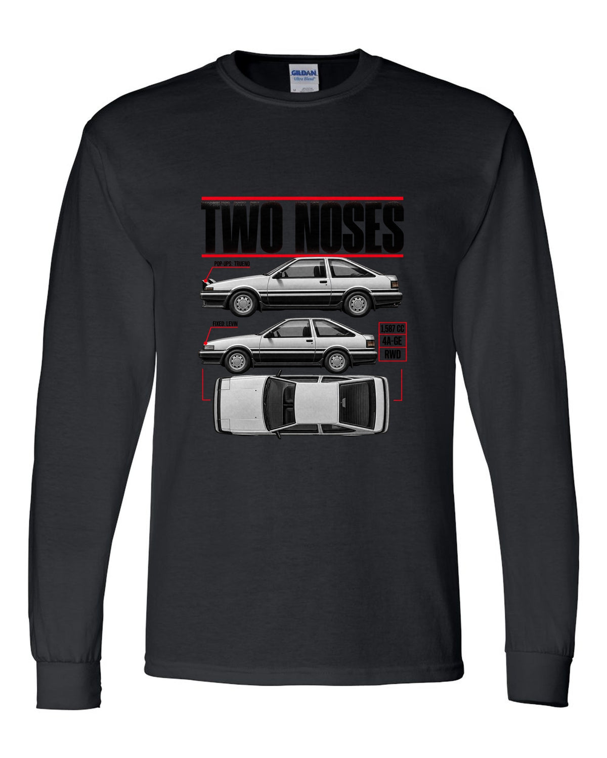 print spec poster of a Toyota AE86 Trueno and Levin in profile with pop-up and fixed headlights black long sleeve front view with the design