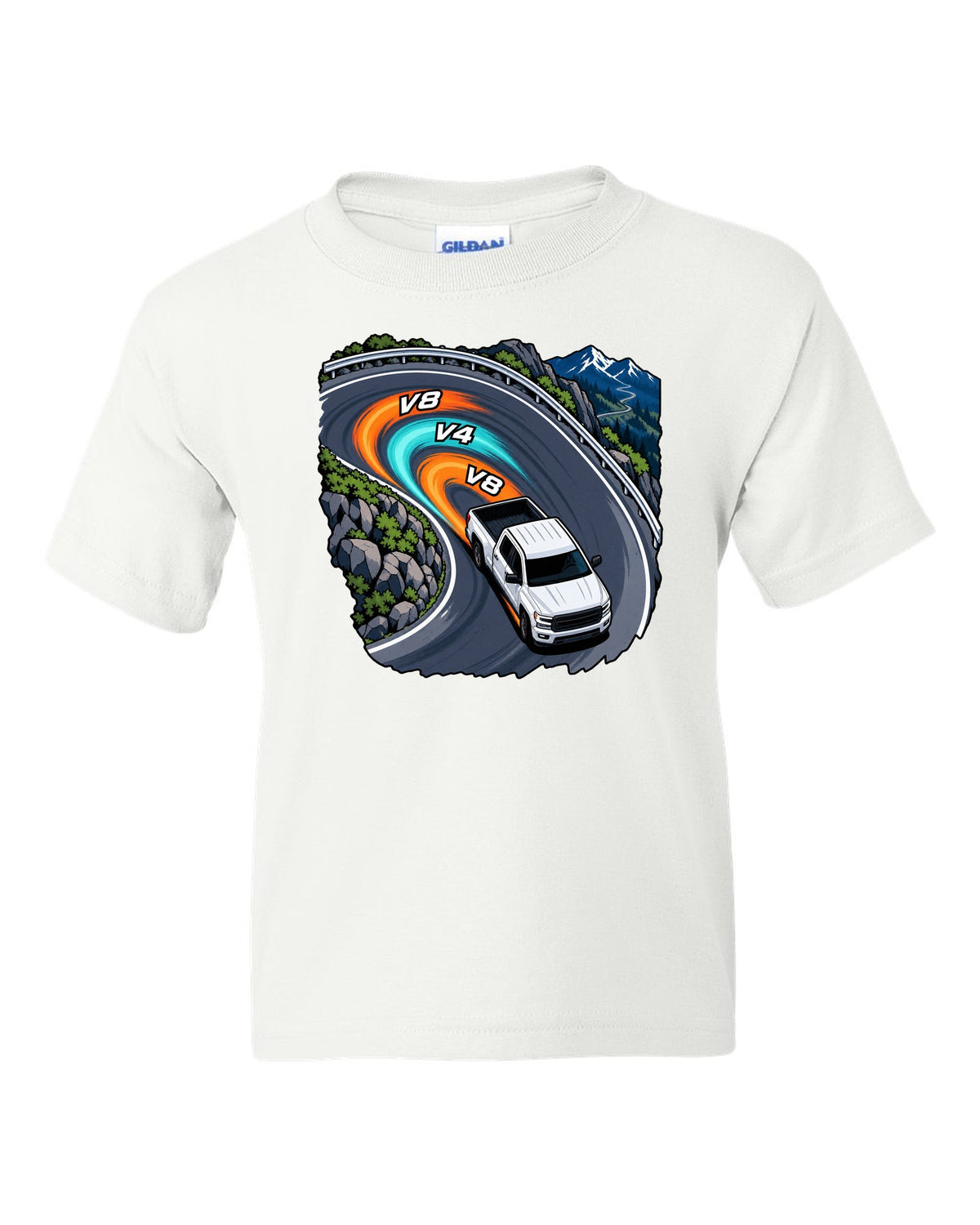 Cel-shaded anime night touge print of a 2007-2013 Chevrolet Silverado GMT900 with V8 V4 V8 text white kids tee front view with the design
