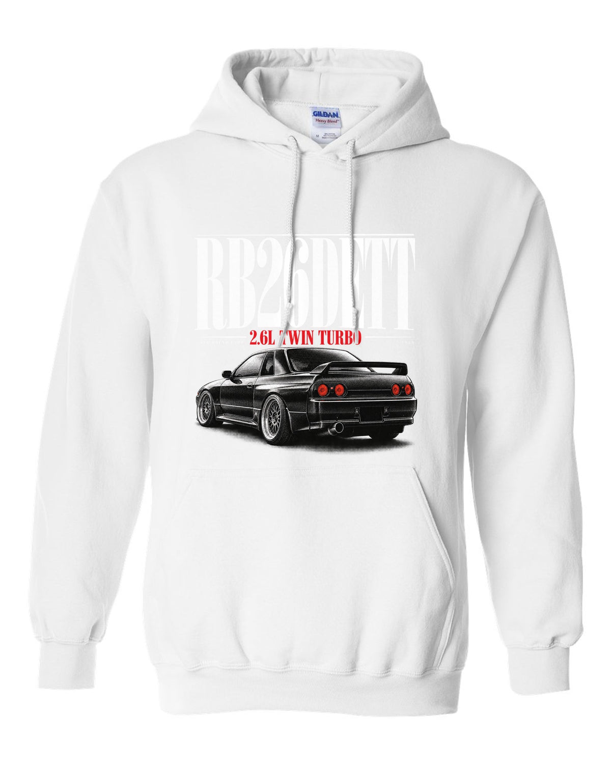 Editorial headline print of a Nissan Skyline GT-R R32 BNR32 with RB26DETT text white pull over hoodie front view with the design